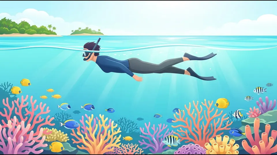 長袖のラッシュガードを着て、サンゴに触れずに浮かぶシュノーケラーのイラスト