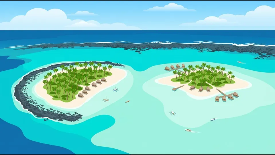 Illustration of two islands from above: one with a close reef, one in a wide shallow lagoon