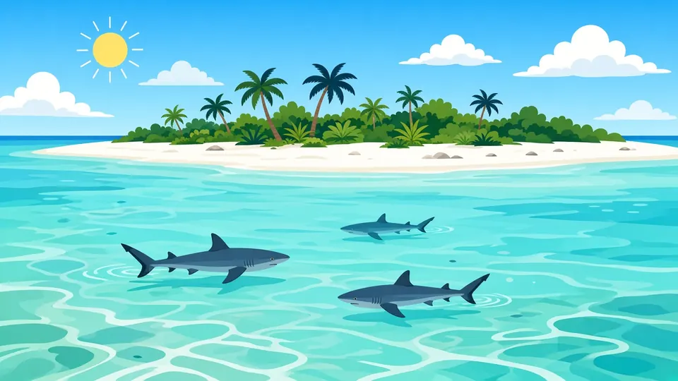 Small reef sharks swimming in clear, shallow lagoon water near a low palm island