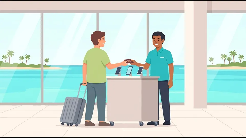 Illustration of a traveller showing a passport at a phone counter in a bright airport arrivals hall