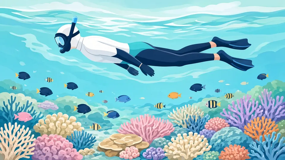 Una persona in muta galleggia orizzontale sopra i coralli, con le pinne ben lontane dal reef