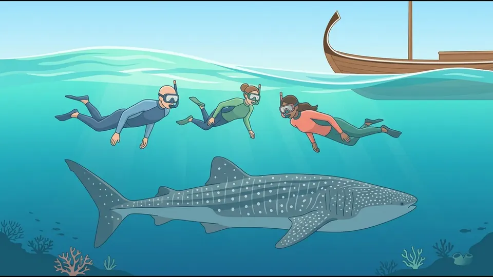 Illustration of snorkellers watching a whale shark from above, keeping their distance