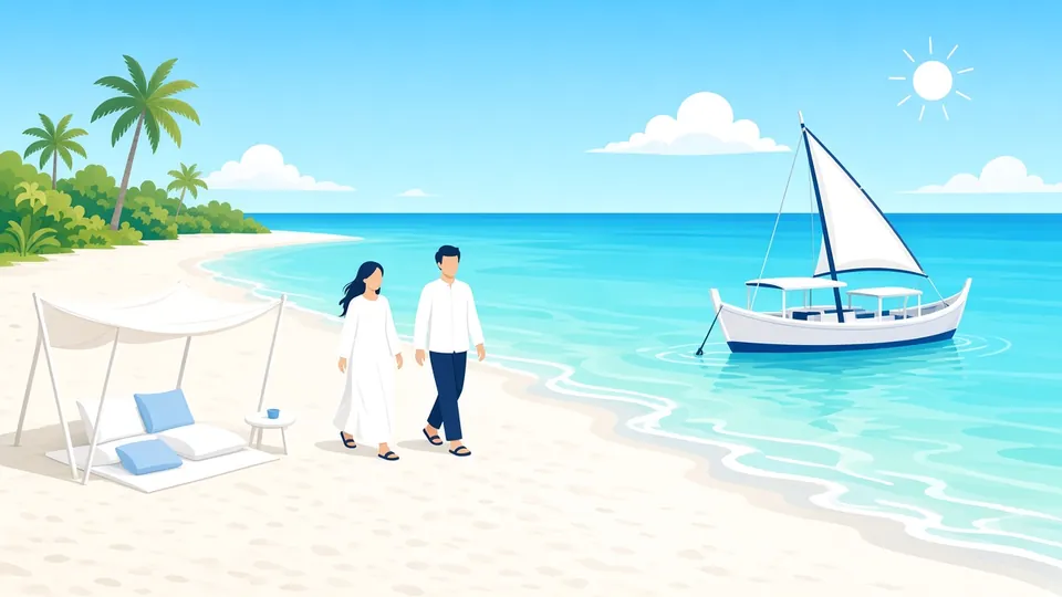 Illustration of a couple walking along a white sandbank past a shade canopy with cushions, with a traditional boat anchored in the shallows