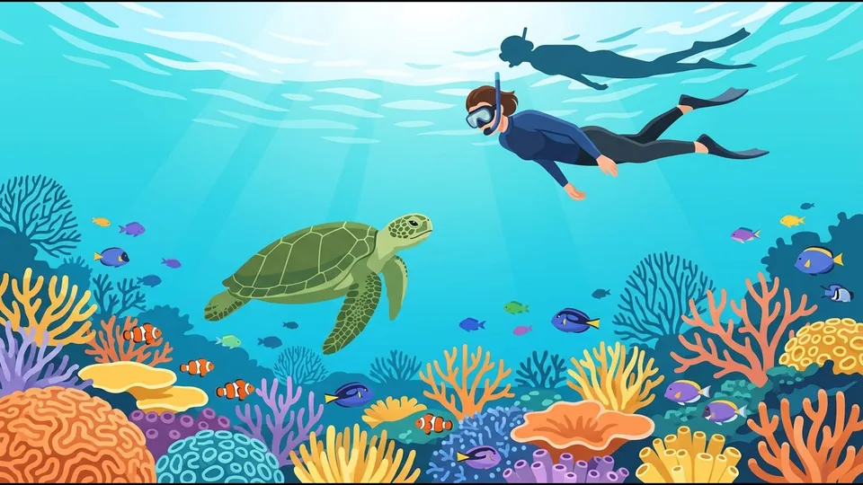 Ilustrace mořské želvy plující nad útesem, zatímco ji šnorchlař pozoruje z dálky