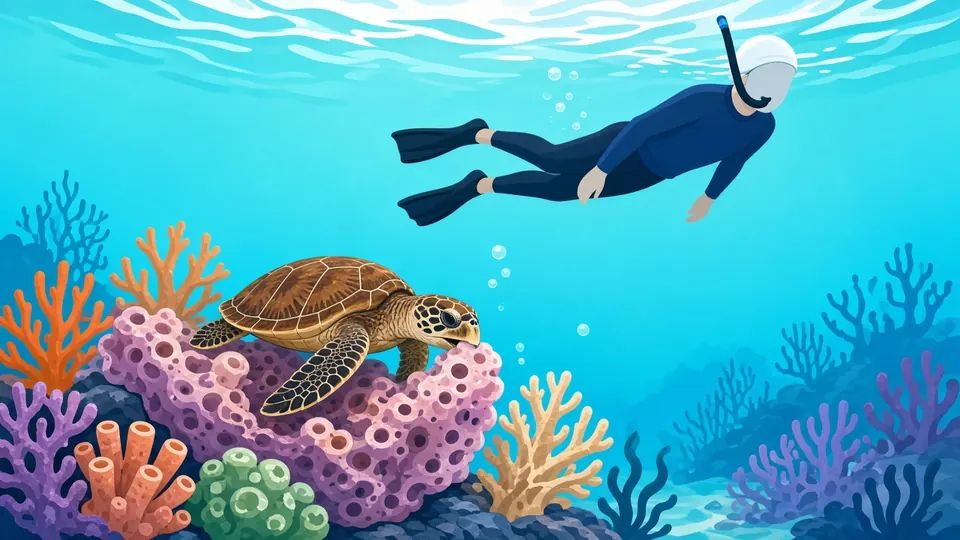 A hawksbill turtle resting on coral while a snorkeller in a wetsuit glides by above