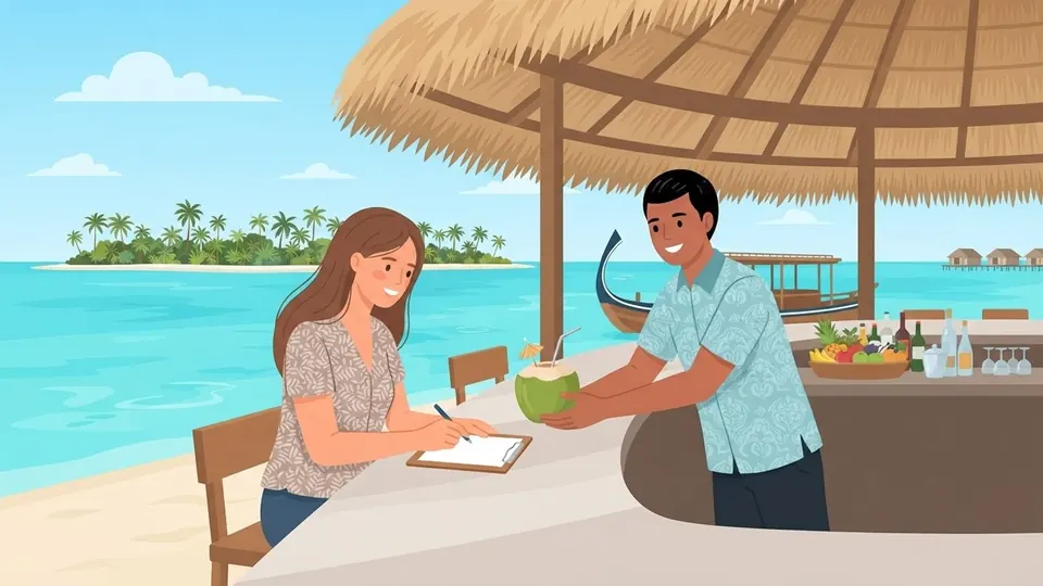 Illustration of a guest signing a bill slip at a resort bar while the bartender serves a coconut drink