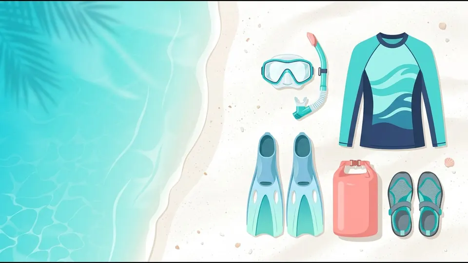 Illustration of a snorkel mask, rash vest, fins, a dry bag and reef shoes laid out on white sand