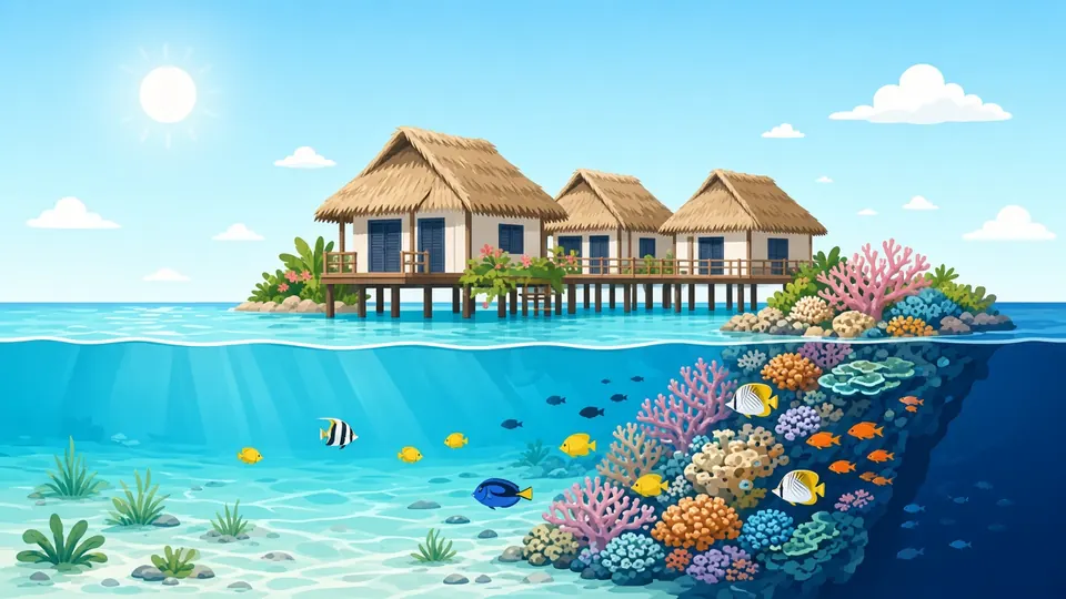 Overwater villas above a sandy lagoon, with the coral reef and fish further out at the edge