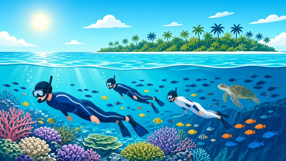 Ilustrace šnorchlařů v celotělových neoprenech nad barevným domácím útesem se želvou a hejny ryb, nahoře ostrov s palmami