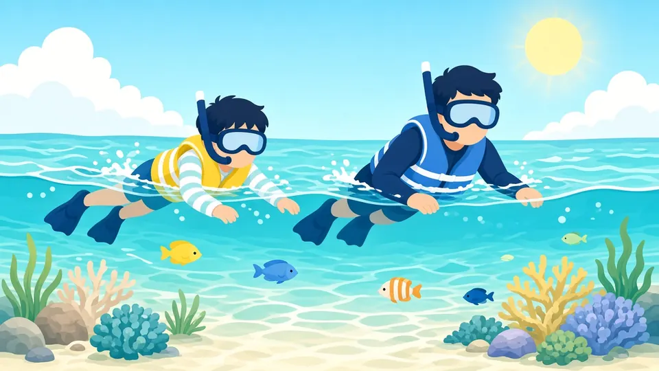 Due bambini con giubbotto salvagente e maschera fanno snorkeling in superficie sopra coralli e piccoli pesci