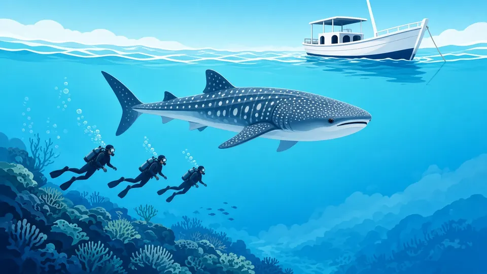 A whale shark swimming along an outer reef with three divers below and a dive boat at the surface