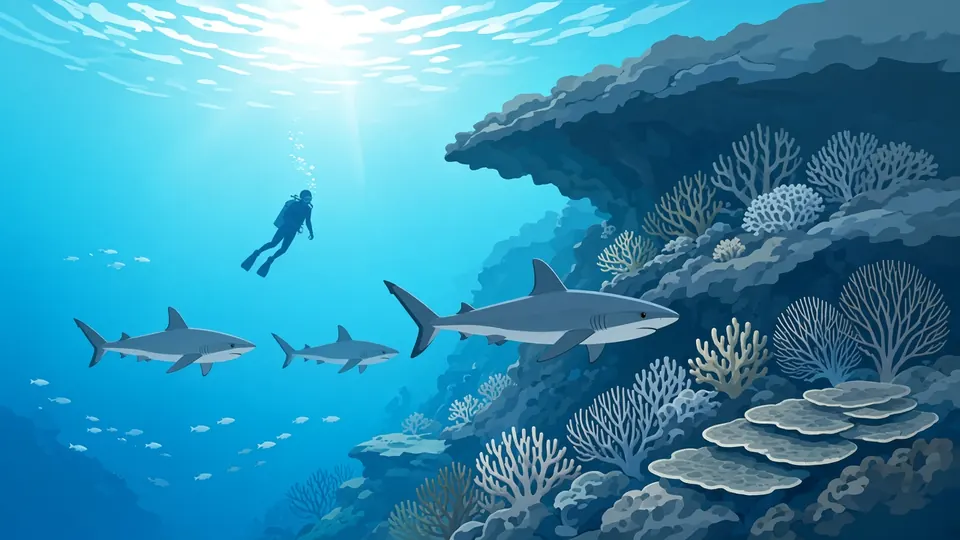 Grey reef sharks cruising past a coral wall with overhangs and sea fans, with a diver in the distance