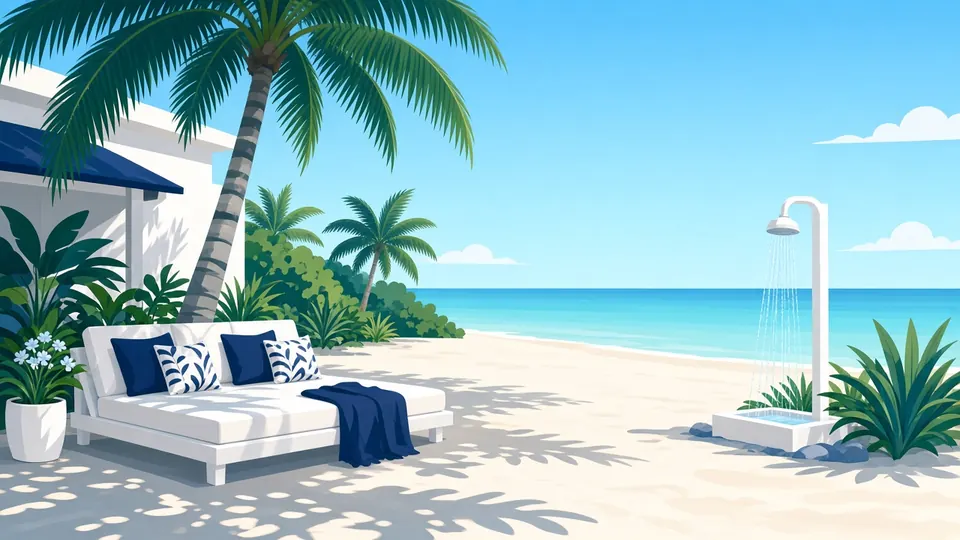A shaded beach villa terrace with a daybed under palms and an outdoor shower