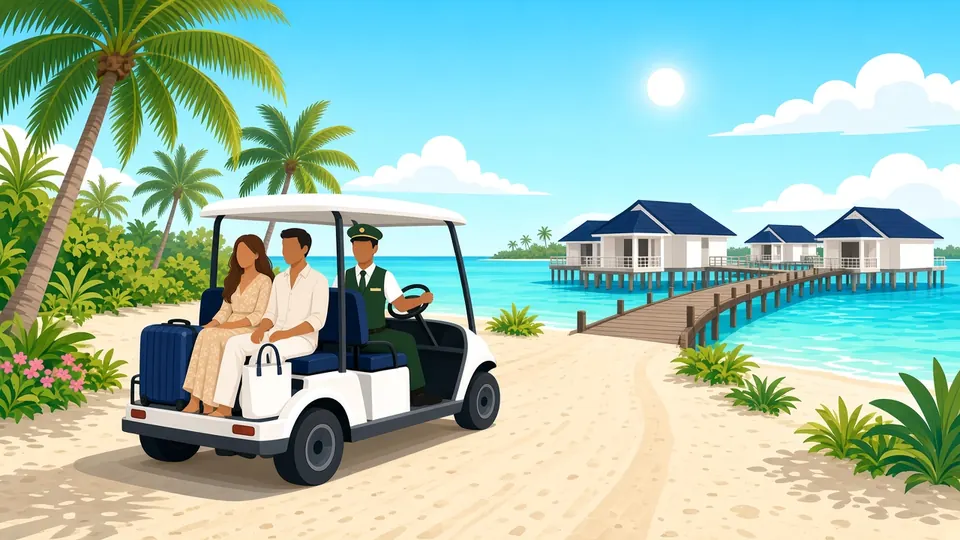 A buggy driver in uniform taking two guests and their luggage along a sandy path towards the overwater villa jetty