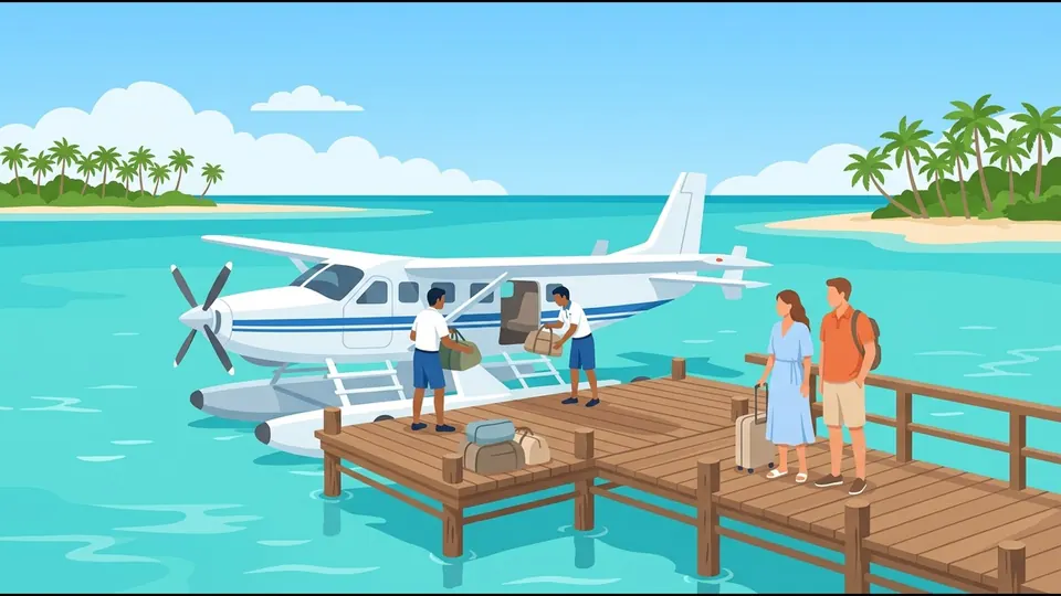 Illustration of uniformed crew loading soft bags into a seaplane at a lagoon platform