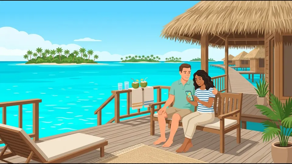 Illustration of a couple on an overwater villa deck looking at a phone while planning their stay