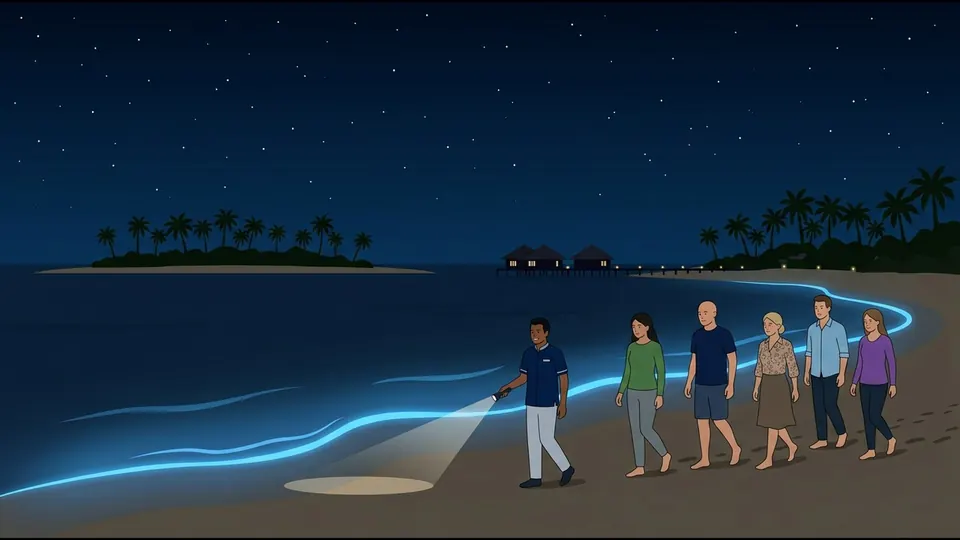 Illustration of a staff member with a torch leading a small group of guests on a night walk along the beach