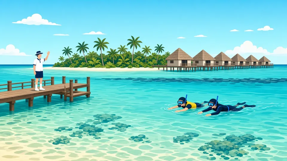 Illustration: zwei Schnorchler in einer ruhigen Resortlagune, ein Mitarbeiter winkt vom Steg, dahinter Wasservillen