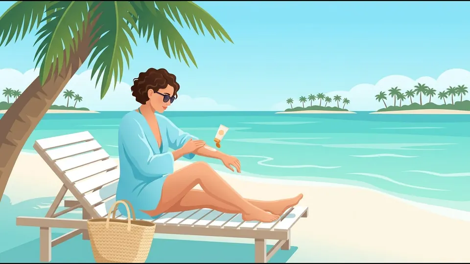 Illustration of a guest applying sunscreen on a beach lounger in the shade of a palm