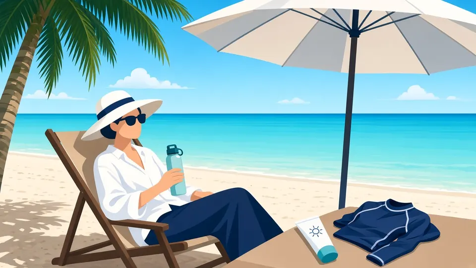 Ein Gast mit Sonnenhut und Sonnenbrille entspannt unter einem Sonnenschirm, daneben Wasserflasche, Sonnencreme und Rashguard