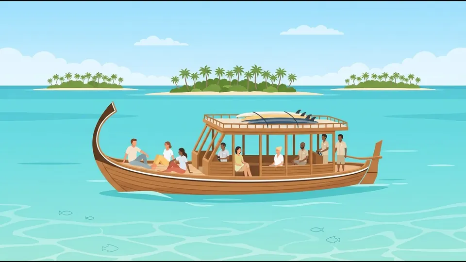Illustration of a traditional dhoni surf boat with guests on board, crossing a calm channel between palm islands