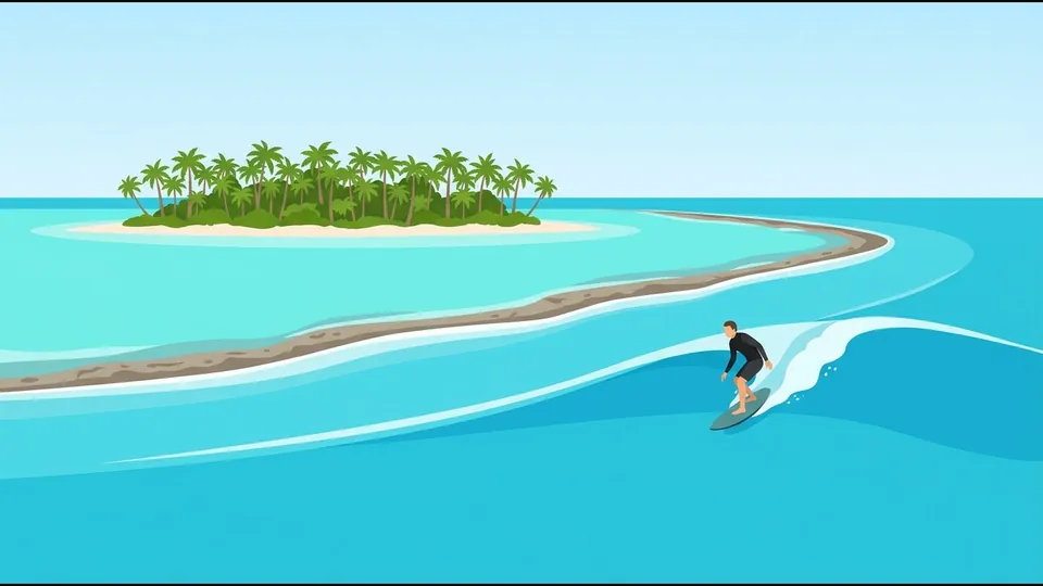 Illustration of a surfer in a rash vest riding a wave along a coral reef beside a small palm island