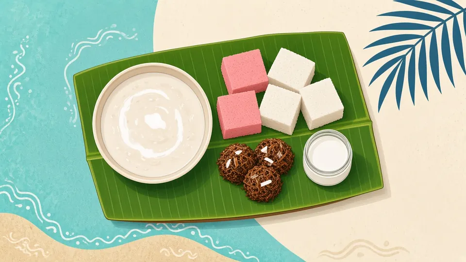 Maldivian sweets on a banana leaf: a bowl of creamy rice pudding, squares of soft pink and white cake and small coconut sweets