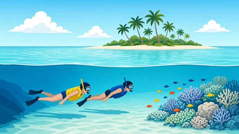 Zwei Schnorchler, einer mit gelber Schnorchelweste, schwimmen gemeinsam über Korallen und Rifffischen, weit weg von einem tiefblauen Kanal