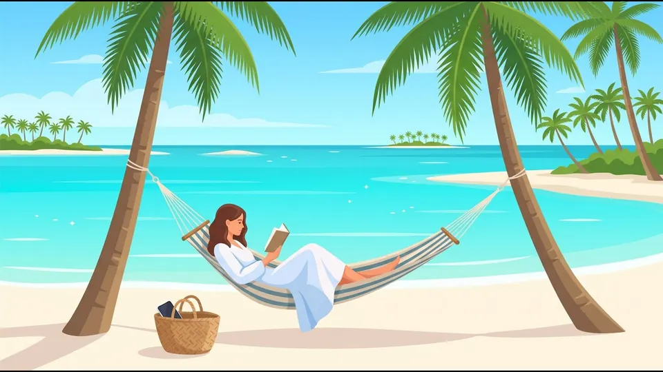 Illustration of a guest reading in a hammock between palms, with her phone put away in a basket