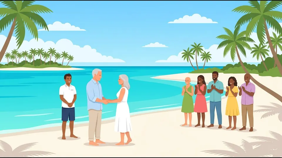 Illustration of an older couple renewing their vows on the beach while family members applaud