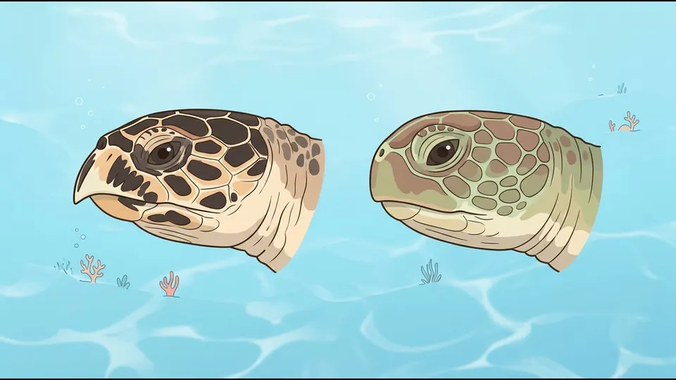 Illustration comparing a hawksbill turtle’s pointed beak with a green turtle’s rounded face