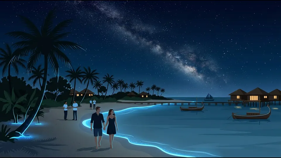 Illustration of a calm lagoon under a starry sky and the Milky Way, with a faint blue glow along the shore