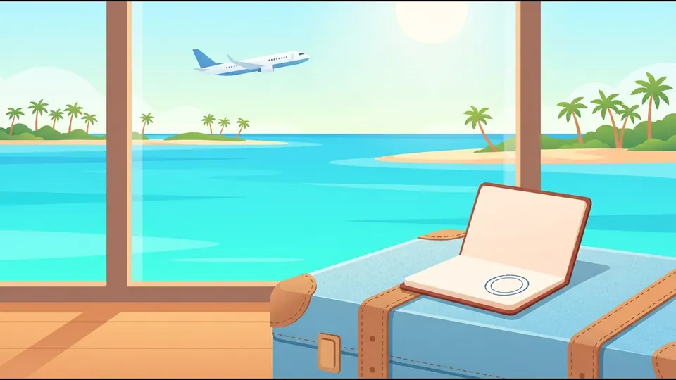 Illustration of an open passport resting on a suitcase, with a plane flying over the lagoon outside