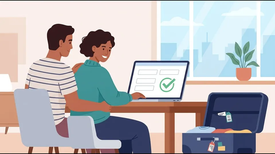 Illustration of a couple completing an online form on a laptop at home, with a packed suitcase nearby