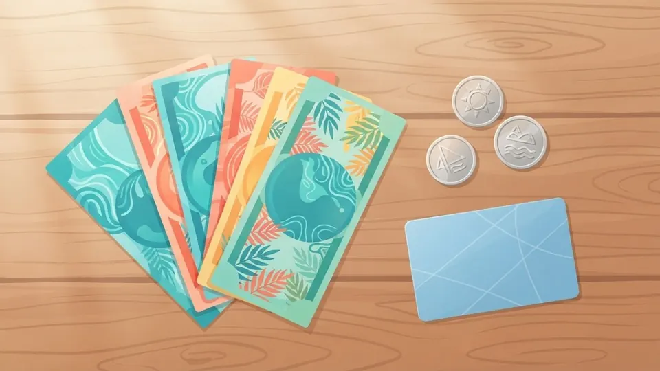 Illustration of colourful banknotes with wave patterns, coins and a bank card on a table