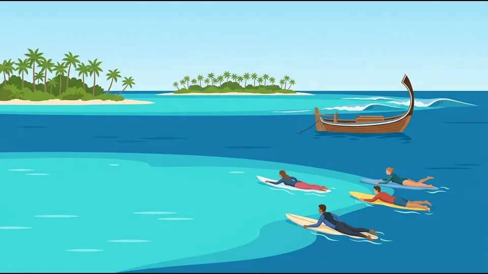Illustration of surfers paddling out from a traditional dhoni towards a reef break