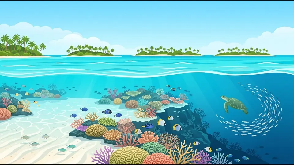Illustration of a reef from the side: sandy lagoon, coral flat and the drop-off into deep blue water