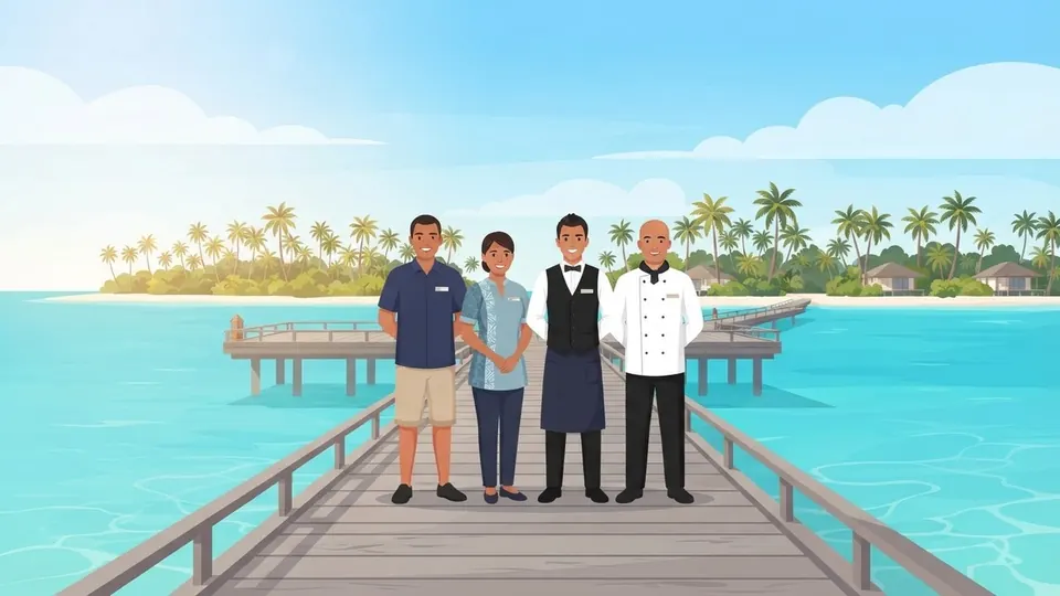 Illustration of a friendly team of Maldivian resort staff in uniform standing together on a jetty