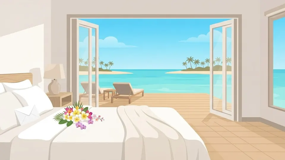 Illustration of a plain envelope left on a neatly made villa bed decorated with flowers