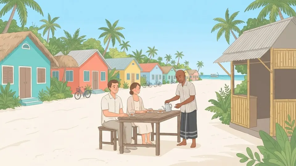 Illustration of a couple at a small café table on a local island being served tea