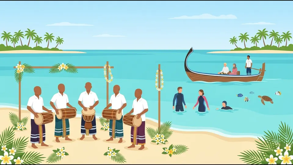 Illustration of Maldivian Bodu Beru drummers playing on the beach beside a ceremony arch