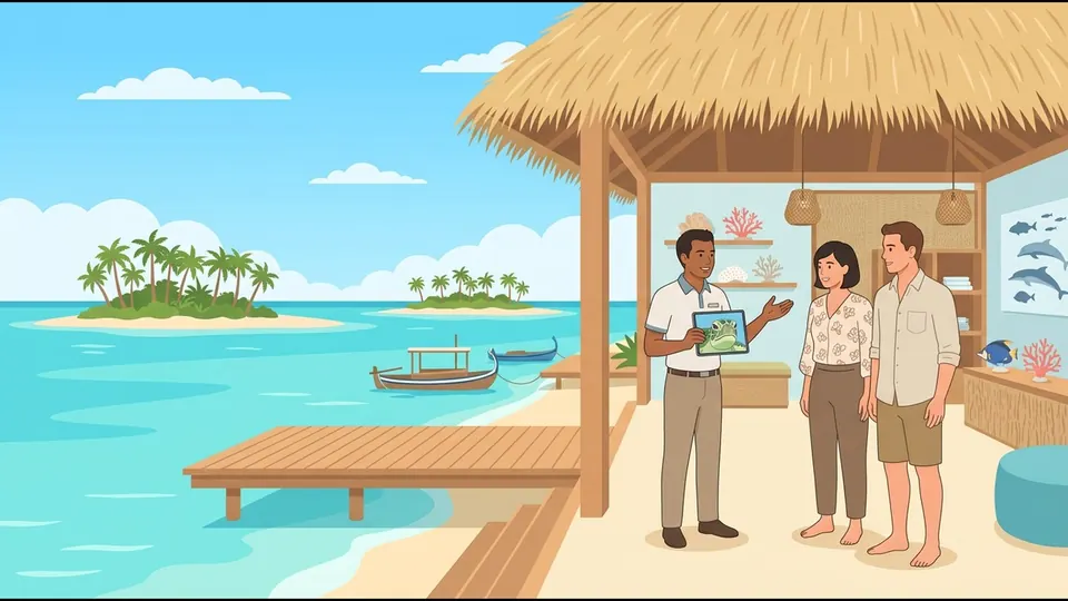 Illustration of a marine biologist showing guests a turtle photo on a tablet in a marine centre