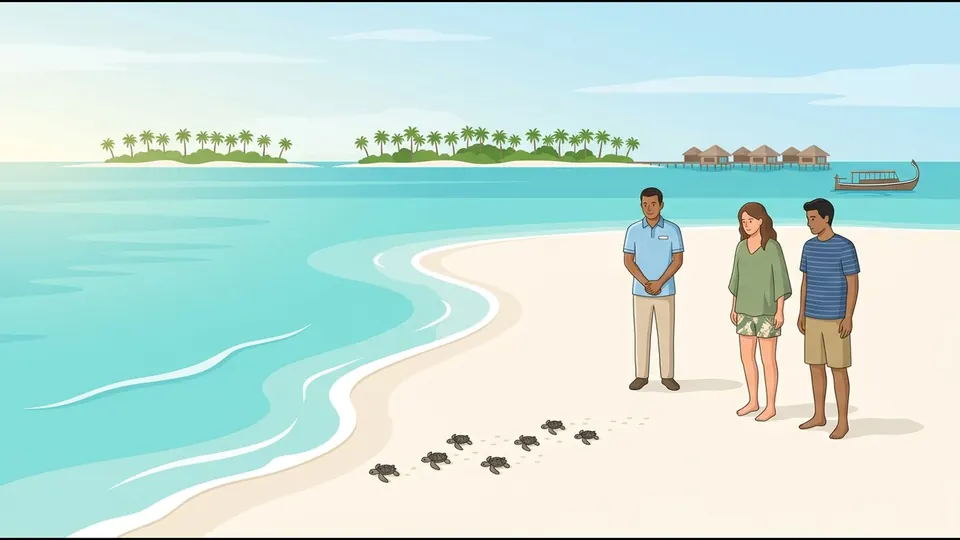 Illustration of turtle hatchlings crawling to the sea while a staff member and guests watch from well back