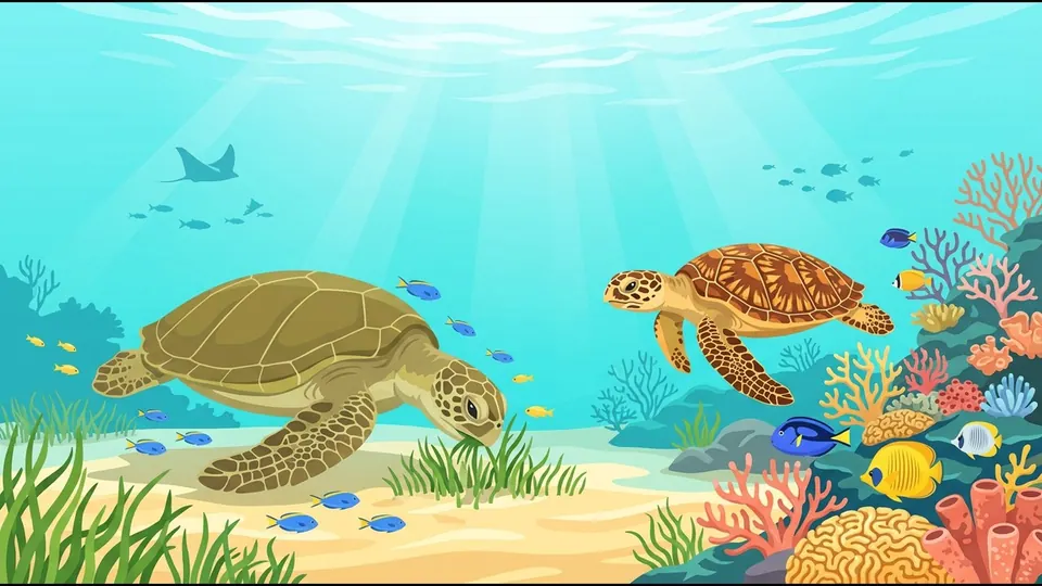 Illustration of a green turtle grazing on seagrass and a hawksbill turtle beside the coral