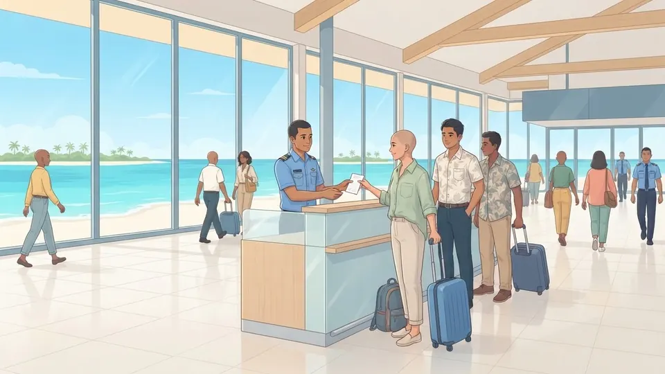 Illustration of a customs officer handing a receipt to a traveller at an airport counter