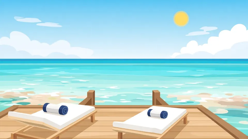 Two loungers on a wooden deck looking out over an open turquoise lagoon