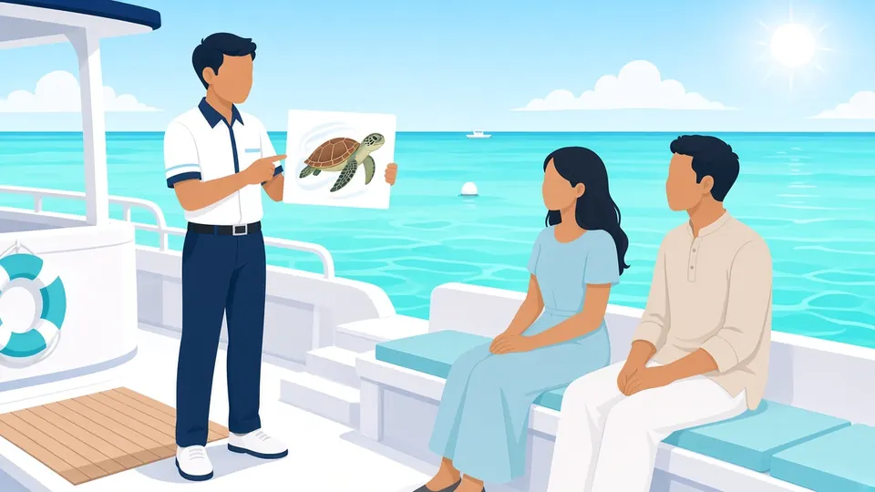 A guide in uniform on a boat showing a picture card of a turtle to two seated guests on the boat