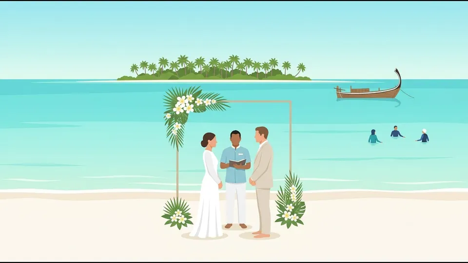 Illustration of a couple exchanging vows under a flower arch on a white beach, with a celebrant