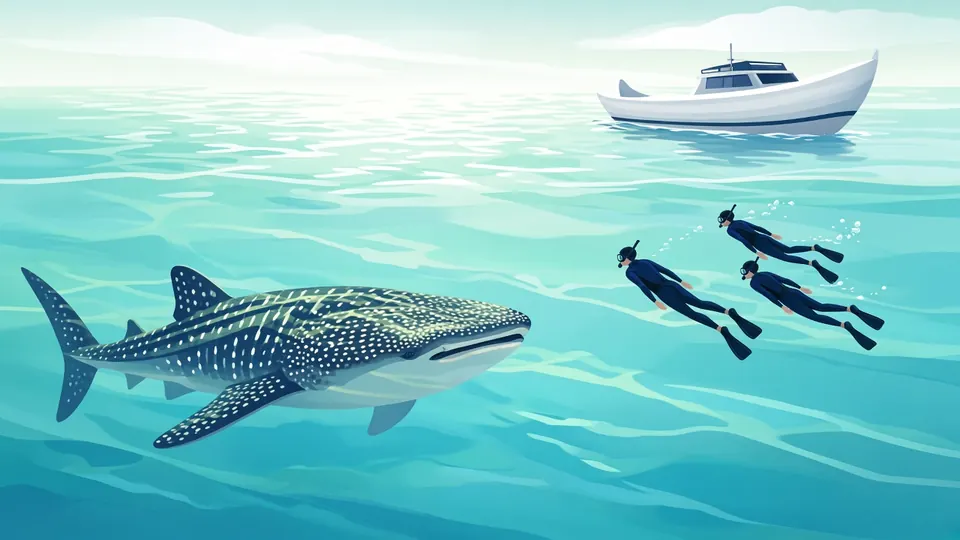 A spotted whale shark swimming below the surface while three snorkellers keep their distance and a boat waits nearby