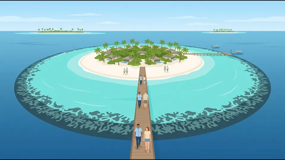 Illustration of a small resort island from above, with the coral reef close to the beach and a jetty to the reef edge